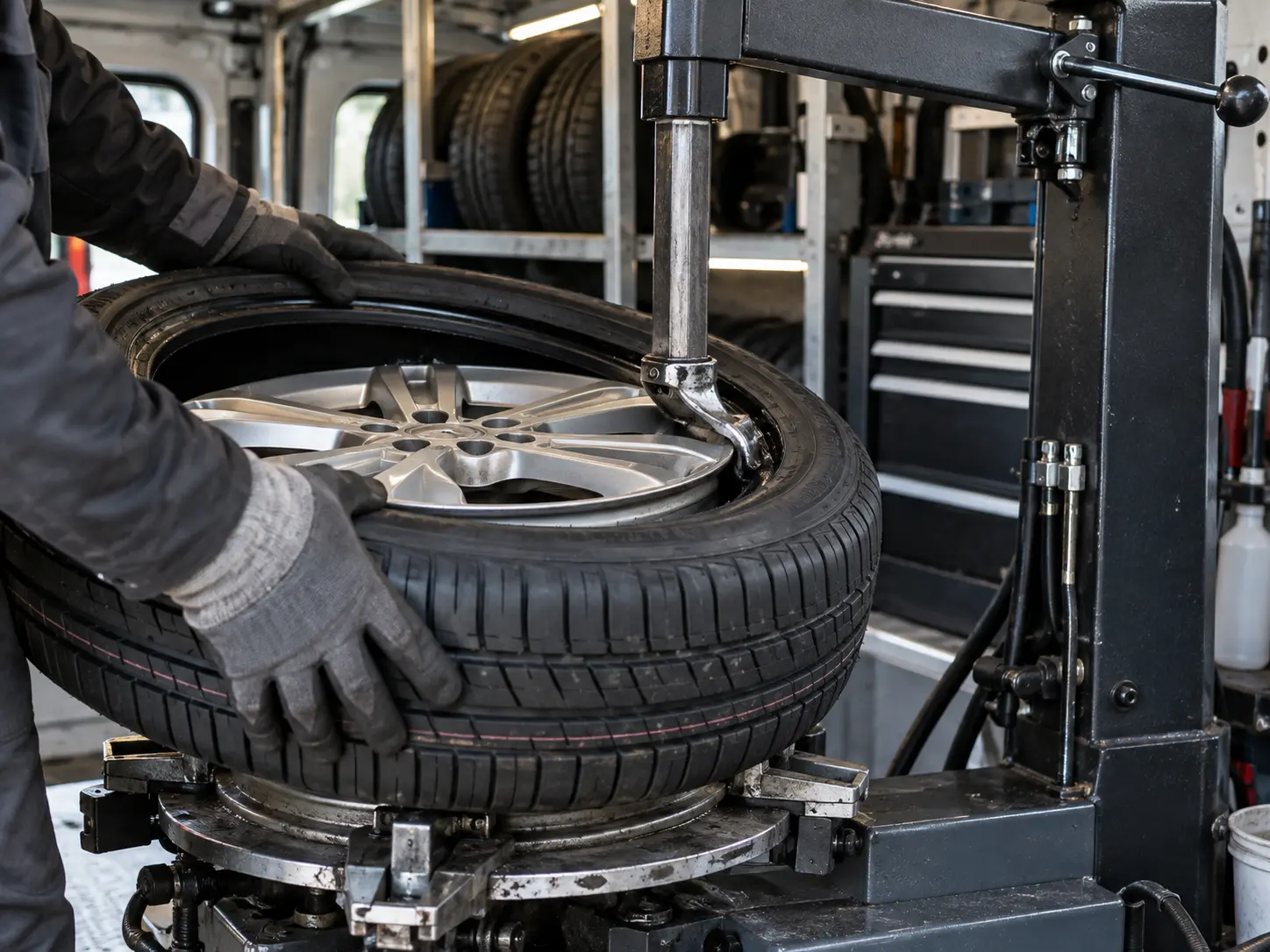 Tyre changing machine closeup inside the fully equipped mobile workshop van